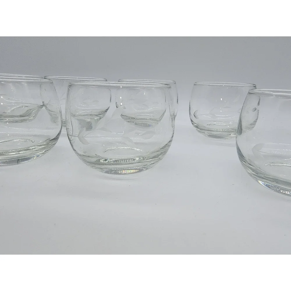 Vintage Etched Leaf Glass Juice Rocks Tumblers Set of 8 Clear Floral Barware